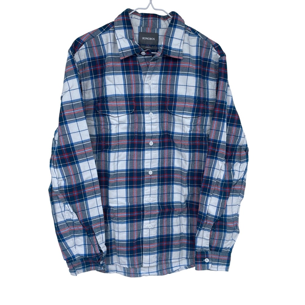 Bonobos Blue & White Plaid Flannel Shirt Large Casual Button Down